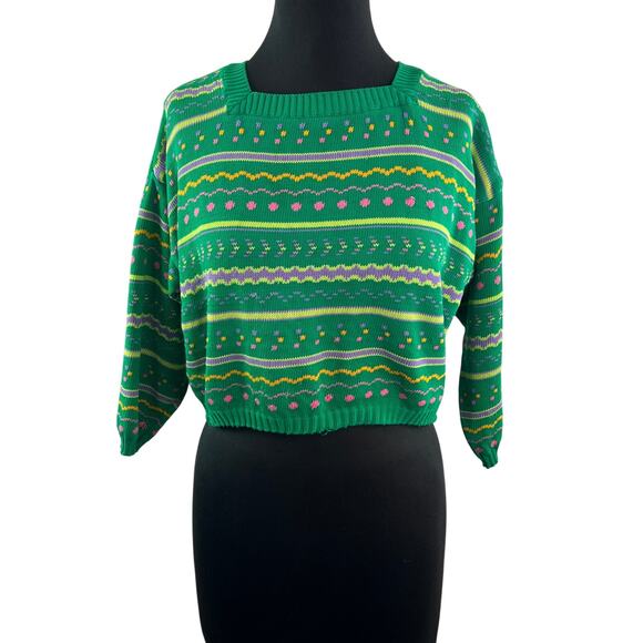 VTG United Colors Of Benetton Green Multi Crop Sweater Cotton Stripe Square Neck - Picture 1 of 7
